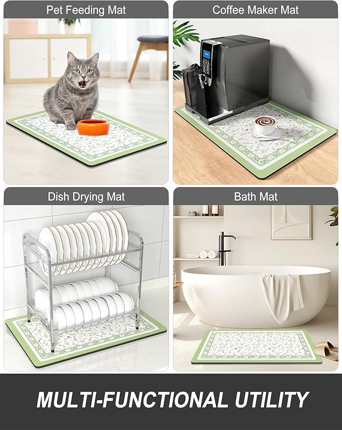 Rnivvi Dish Drying Mat for Kitchen Counter, XL 15 x 24" Cute Flower Theme Absorbent Draining Pad, Non-Slip Heat Resistant Coffee Bar Mat for Coffee Machine Station Accessories, Green Dish Rack Pad