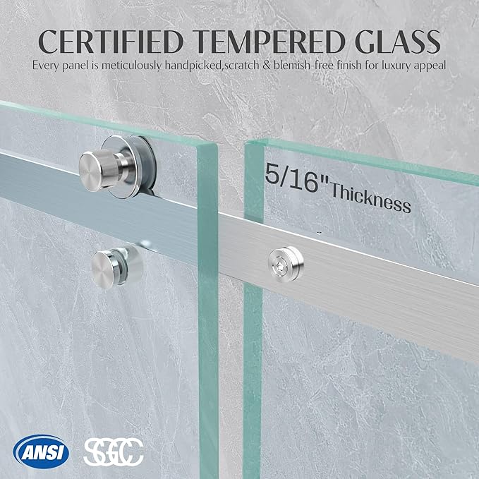 Shower Door Frameless 56-60'' W x 72'' H, Sliding Glass Door, 5/16 inch (8mm) Thickness Clear Tempered Glass for Walk-in Shower, Brushed Nickel