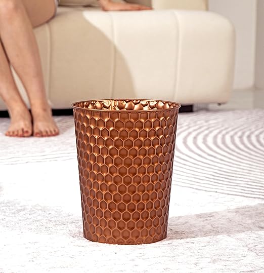 Small Metal Trash Can Wastebasket, Decorative Honeycomb Garbage Can Waste Basket, Modern Farmhouse Round Trash Bin for Bathroom, Bedroom, Kitchen and Office (Copper)