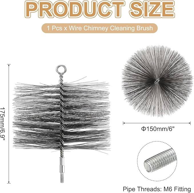 PATIKIL 6" Wire Chimney Cleaning Brush, Steel Round Chimney Sweep Brush with M6 Fitting for Cleaning Fireplace Burning Stove Tent Dryer Pipes, Silver