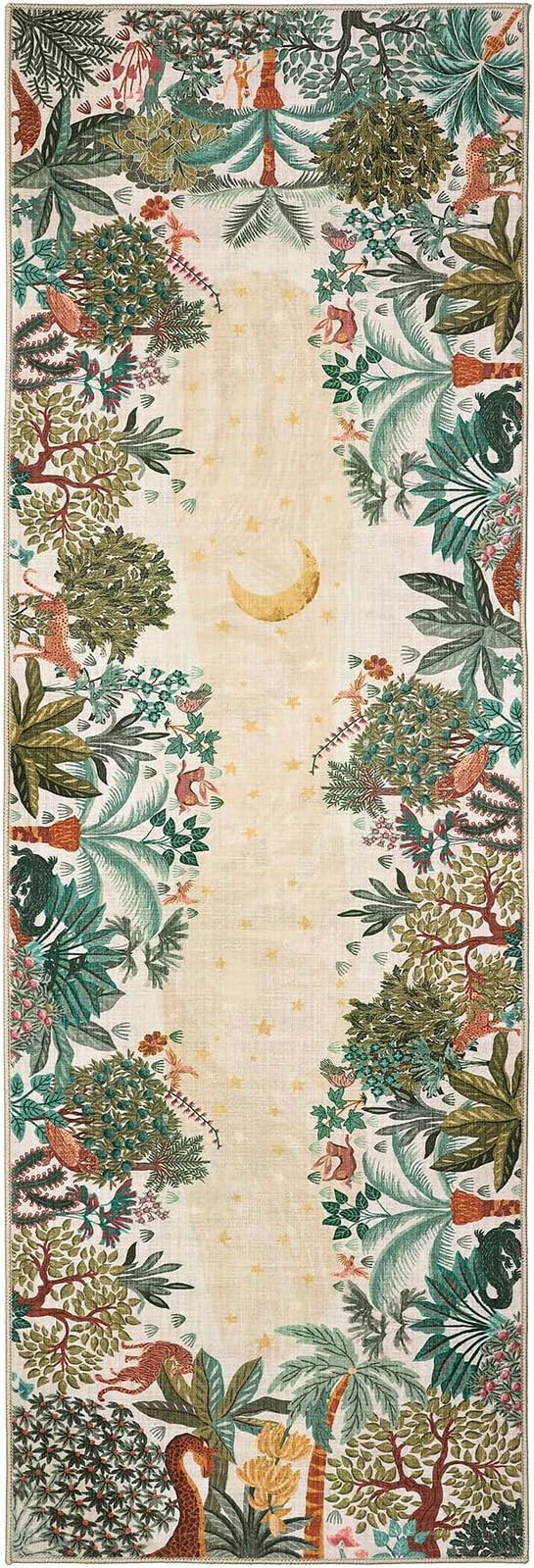 GarveeHome 2x6 Jungle Washable Runner Rug for Kitchen, Soft Animal Print Hallway Runner Non Slip Beige Entryway Rug Farmhouse Laundry Mat Stain Resistant Carpet for Bedroom Bathroom