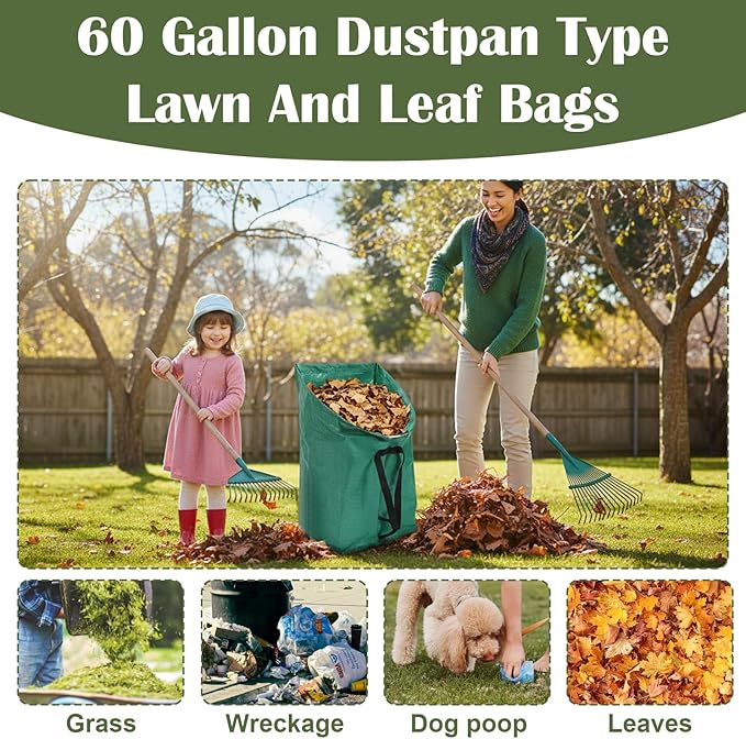 2PCS Leaf Collector, 53 Gallon Yard Waste Bags, Heavy Duty Foldable Lawn & Leaf Bags with 1 Pair Gloves, Reusable PP Large Yard Dustpan Garden Bag for Leaves Lawn Debris Trash