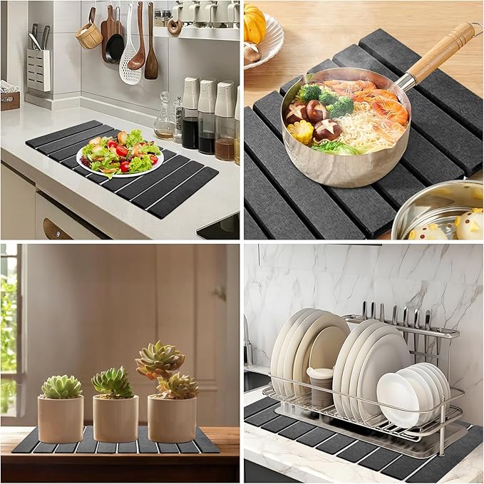 Stone Drying Mat for Kitchen Counter, Large Foldable Drying Stone with Non-slip Mat, Quick Dry Absorbent Diatomaceous Earth Mat for Dishes, Cups, Bottles, Any Countertop, 24"×16", Dark Gray