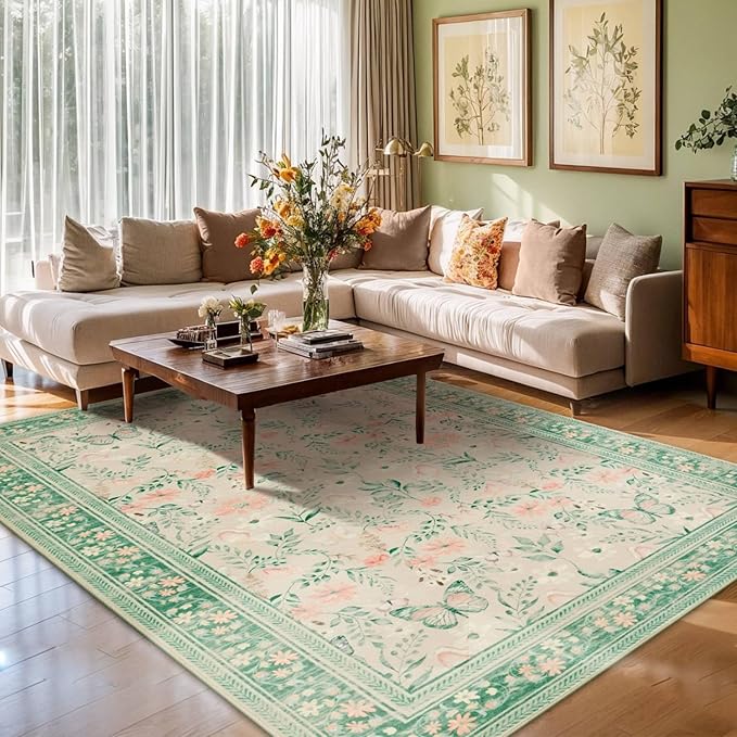 Green Floral Rug for Living Room Bedroom, 5x7 Washable Rug,Vintage Boho Area Rug, Large Non Slip Low Pile Wool Carpet for Indoor Dining Room,Girls Kids Room and Nursery Room(Sage Green 5x7ft)
