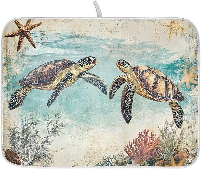 Vintage Ocean Sea Turtle04 Dish Drying Mat for Kitchen Counter Absorbent Microfiber Large Drying Pad Dish mats for Kitchen Countertops 18 x 24 Inch