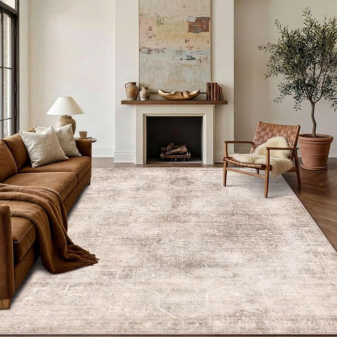 Vintage 8x10 Beige Brown Rug for Living Room, Washable Large Neutral Area Rugs for Bedroom, Dining Room, Kitchen, Distressed Low Pile Floor Carpets for Kids Nursery Classroom Farmhouse Office