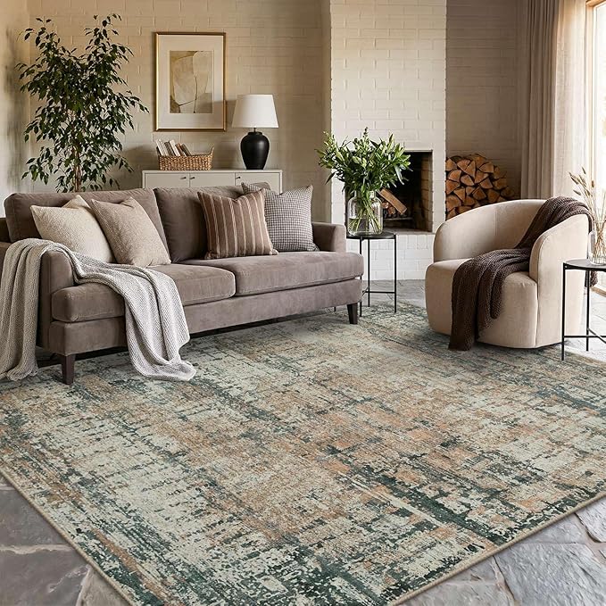 6x9 Washable Area Rug for Living Room, Modern Abstract Large Boho Rugs for Office, Dining Room, Kids Room, Farmhouse, Durable Low Pile Non Slip Carpet for High Traffic Areas, Moss