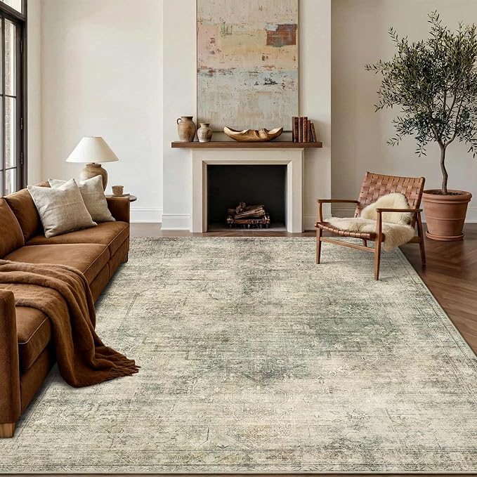 Vintage 8x10 Living Room Green Rugs, Washable Large Area Rugs for Bedroom, Dining Room, Kitchen, Non Slip Low Pile Soft Distressed Floor Carpets for Kids Nursery, Classroom, Farmhouse, Office