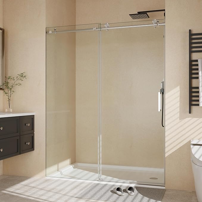 56-60" W x 76" H Frameless Sliding Shower Door - 1/4" (6mm) Clear Tempered Glass, Waterproof, Brushed Nickel Bathroom Door with Easy Installation