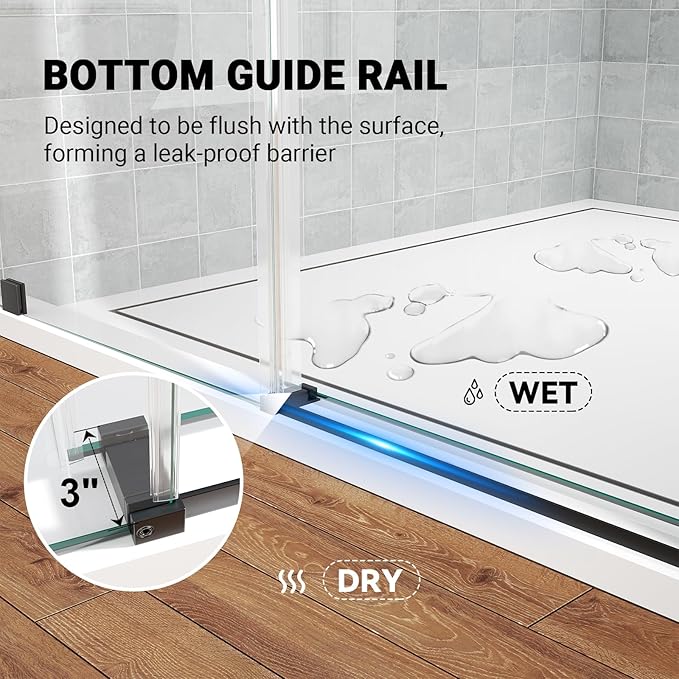 Frameless Sliding Shower Door 44–48 in W x 76 in H, 8mm Clear Tempered Glass Shower Doors Glass Sliding 48 Inches, Double Nano Coating, Stainless Steel Hardware, Silent Smooth Rollers, Matte Black
