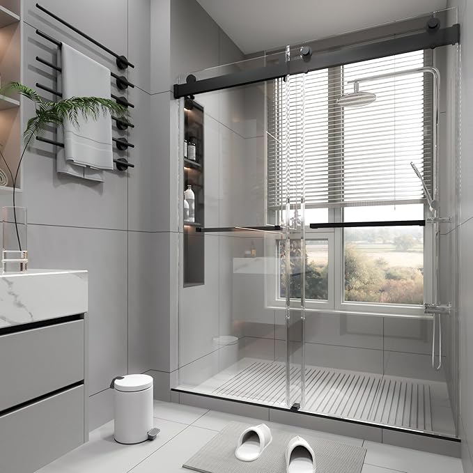 Shower Door 56–60 in W x 76 in H, 3/8" Tempered Glass Double Sliding Shower Door, Frameless Matte Black, Exquisite Rolling Track Design, Reversible Installation for Modern Bathroom