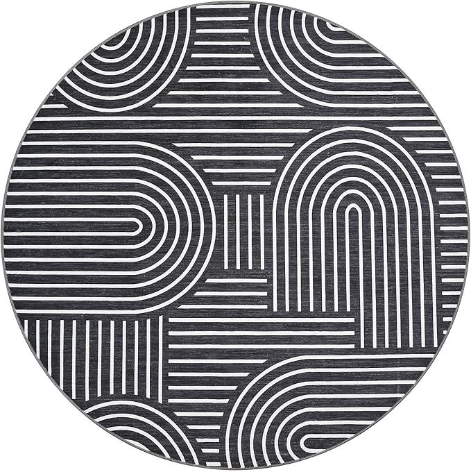 Washable Rug 6ft Area Rugs for Living Room, Abstract Rug for Bedroom, Soft Rainbow Non Slip Throw Rugs with Rubber Back, Low Pile Stain Resistant Boho Geometric Carpet for Dining Room,Black