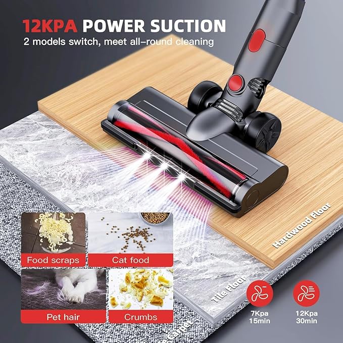 Cordless Vacuum Cleaner for Home,Lightweight Stick Vacuum Cordless Rechargeable with Power Suction, Up to 35 Mins Runtime, Hardwood Floor Vacuum for Pet Hair,Carpets,Tile(Dark Red)