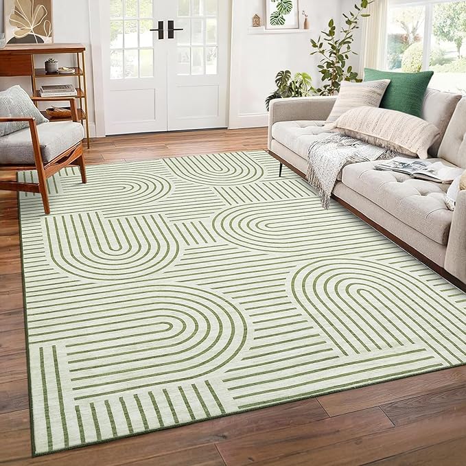 Washable Rug 6x9 Area Rugs for Living Room, Abstract Rug for Bedroom, Soft Rainbow Non Slip Throw Rugs with Rubber Back, Low Pile Stain Resistant Boho Geometric Carpet for Dining Room, Green