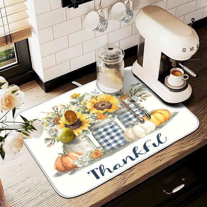 Autumn Pumpkin and Sunflower Floral Vase Dish Drying Mat for Kitchen Counter Absorbent Microfiber Large Drying Pad Dish mats for Kitchen Countertops 18 x 24 Inch