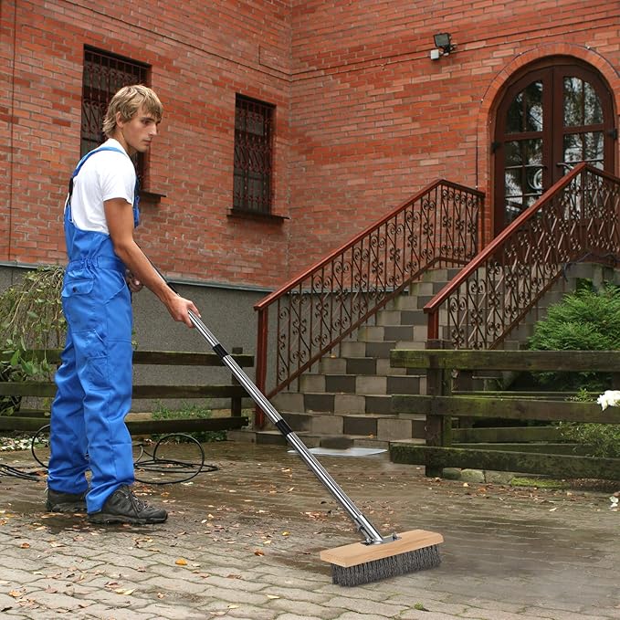 Heavy Duty Wire Push Broom with Crack Weeder Brush Set, Multifunction Moss Remover with Scraper Weed Puller, Detachable 64.9in Handle for Outdoor Deck Pavers Patios Walkways Concrete Cleaning