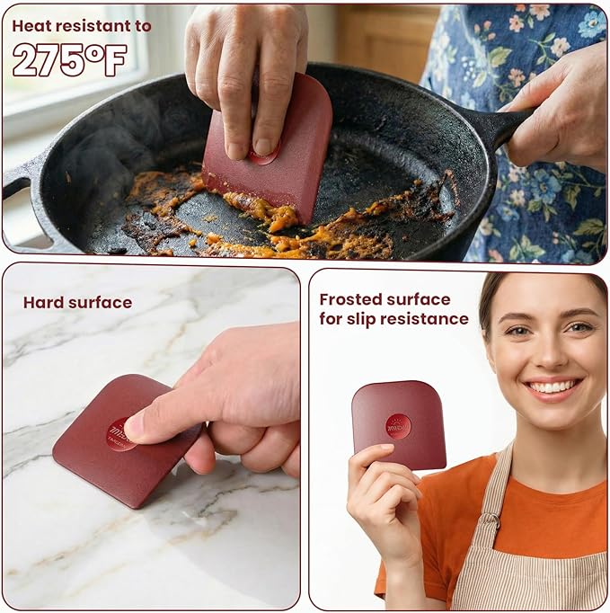 Pan Scraper, 5 Pcs Pot Scraper, Pan Scraper Plastic, Multifunctional Scraper Tool for Kitchen, Non-Slip, Food Safe, High Heat Resistant-Red