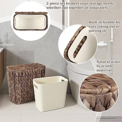 Wicker Trash Can with Lid and Liner, Handwoven Wicker Waste Basket, Water Hyacinth Bathroom Trash Can, Boho Rattan Garbage Wastebasket for Bedroom Home Living Room Office, 2.5 Gallon, Espresso