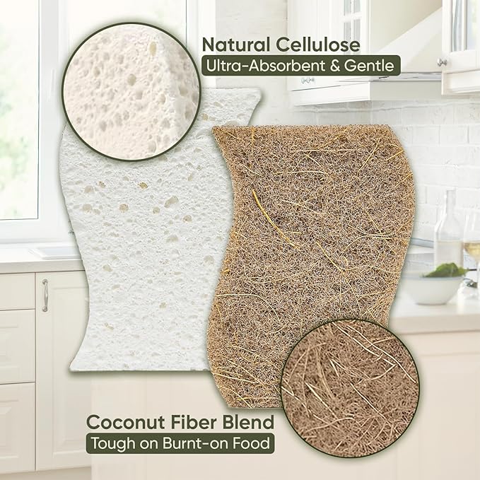 Plant-Based Kitchen Sponges (12 Pack) | FSC-Certified & PETA Approved | Natural Cellulose & Coconut Blend Scrubber Dish Sponges for Kitchen | S-Shaped Design | Eco-Friendly, Non-Scratch & Non-Toxic