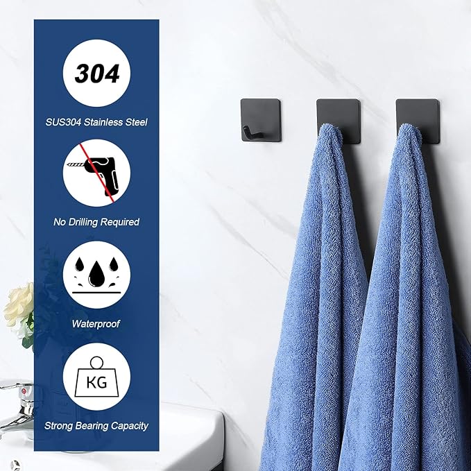 NearMoon Adhesive Hooks- Heavy Duty Bath Wall Hooks Waterproof Stainless Steel Towel Hangers Stick on Wall Clothes Holders for Bathroom Kitchen Home, 5 Pack (Matte Black)