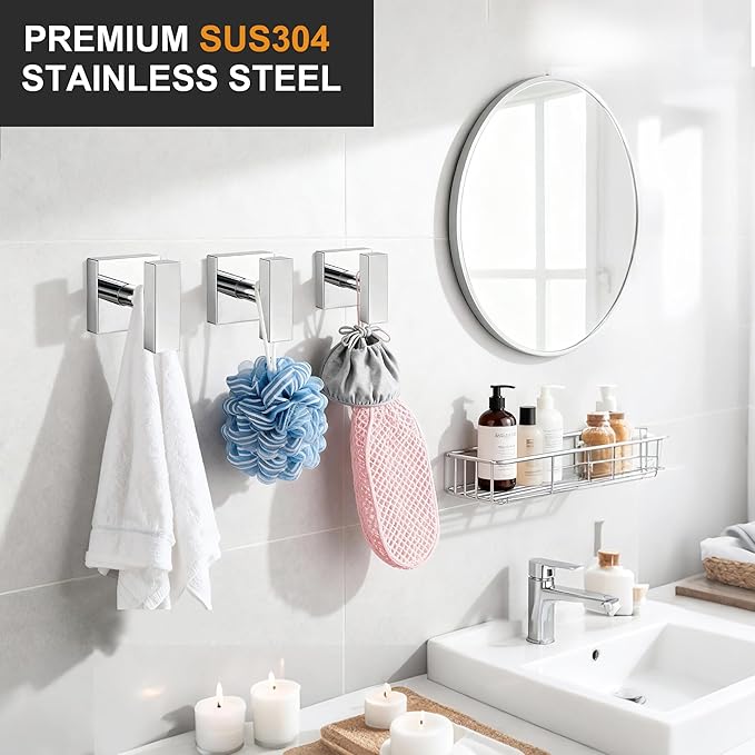Towel Hooks for Bathrooms, Chrome Polished Towel Hook for Kitchen Bathroom, SUS304 Stainless Steel Coat Hook, Square Heavy Duty Robe Hooks for Hanging Towels, Coats, sponges, Wall Mount, 4 Pack