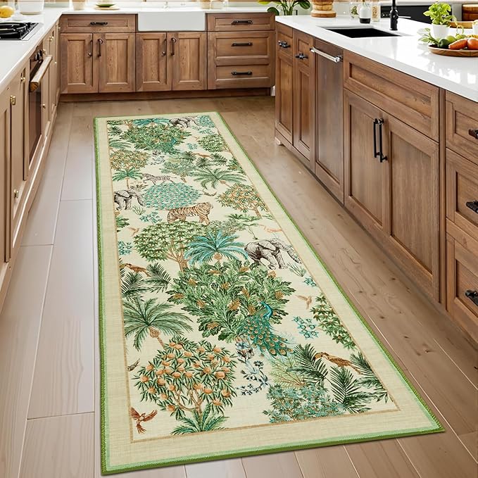 GarveeHome Jungle Rug 2x6 Kitchen Runner Rug Non Slip Washable Runners for Hallways, Animal Print Runner Rugs with Rubber Backing Soft Low-Pile Forest Long Carpet for Bedroom Entryway Laundry, Beige