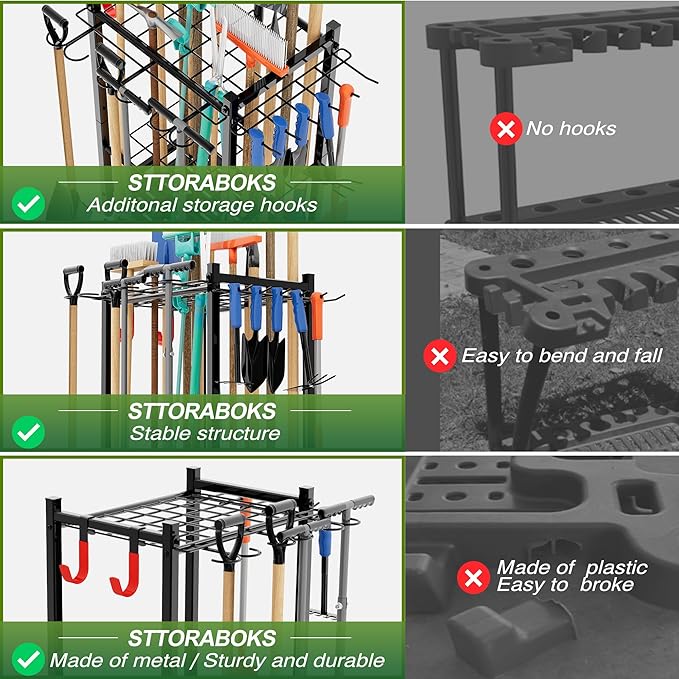 Garden Tool Organizer Rack Up to 50 Tools, Heavy-Duty Steel Yard Tool Organizer for Garage Storage with 11 Hooks, Broom Holder & Garden Tool Rack for Shed, Patio, Outdoor Use, Black