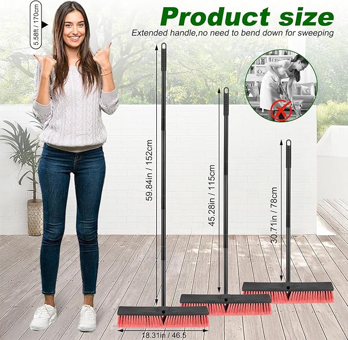18 Inches Push Broom Outdoor- Heavy Duty Commercial Broom with 64.5" Long Handle and Stiff Bristles for Patio Garage Deck Concrete Wood Stone Tile Driveway Yard Warehouse Shop Floor Cleaning Broom