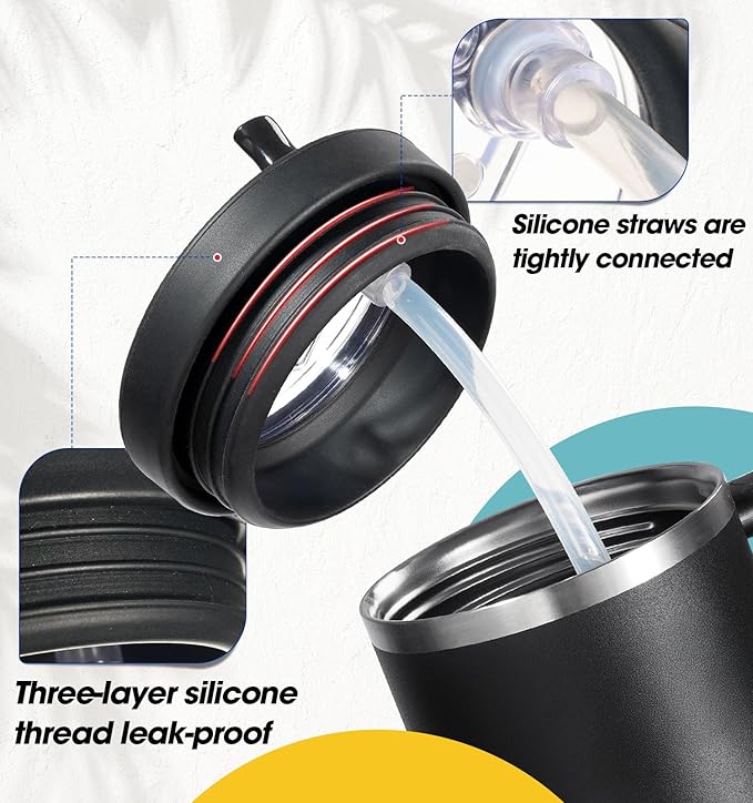 30oz Flip Straw Leak Proof Lid for Stanley Quencher,30 oz Tumbler Lid Replacement for Stanley Cup Accessories,No Spill Silicone Tumbler Lids with Cleaning Brush Set (Black)