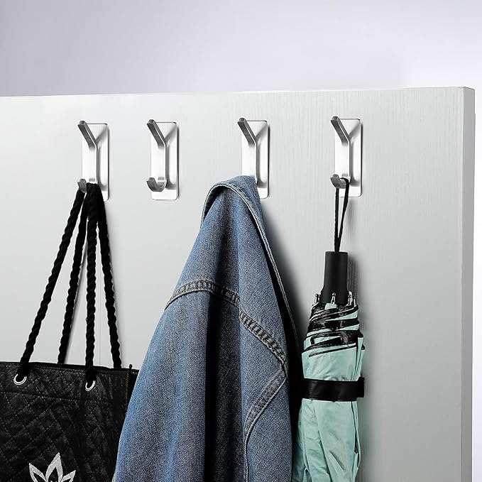 YIGII 6 Pack Adhesive Towel Hooks, Stainless Steel Sticky Hooks for Bathroom or Kitchen, Heavy Duty No Drilling Wall Hooks for Robe, Coat, Clothes (Silver)