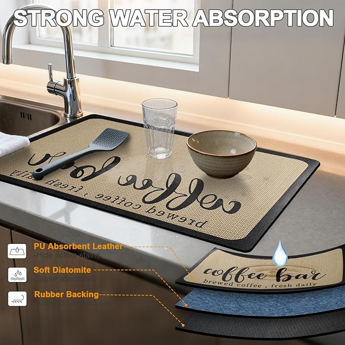 Dish Drying Mats for Kitchen Counter, Waterproof Coffee Mat for Countertop, Under Sink Mats, Coffee Bar Mat Accessories