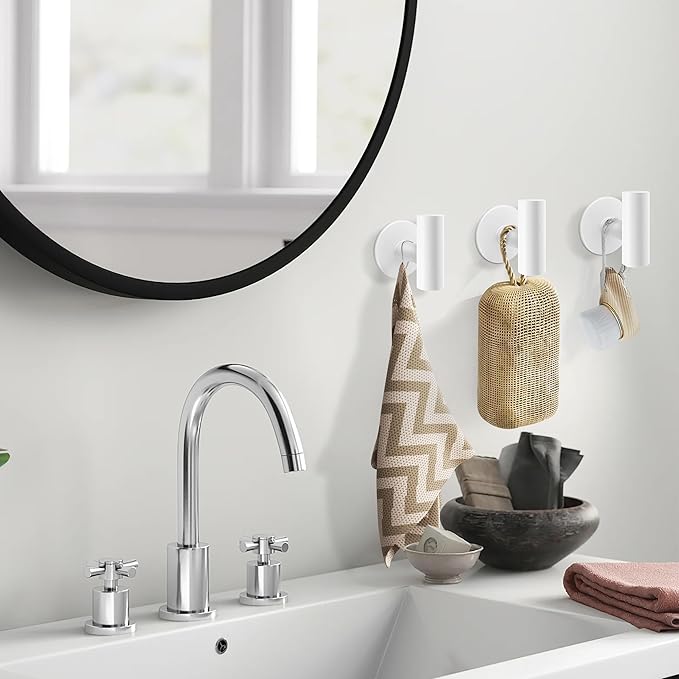 Chrome Stainless Steel Adhesive Towel Hooks, Heavy Duty Waterproof, Self Adhesive Coat Robe Hooks for Bathrooms Kitchen Wall Mounted (White, 2 Pcs)