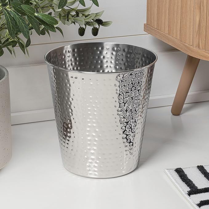 happimess HPM1110E-SET2 Axel Modern Minimalist Hammered Steel 2 Gal Waste Bin for Kitchen, Office, Bathroom, Bedroom, Dorm, Polished Steel (Set of 2)