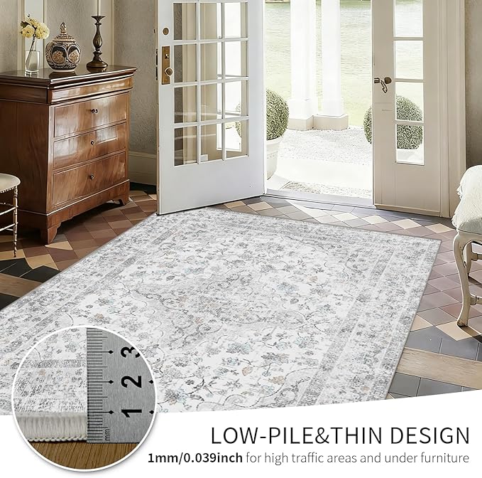 Area Rugs 5x7, Washable Grey Rugs for Living Room, Bedroom, Non Slip, Neutral Floral Vintage Indoor Rug for Farmhouse Nursery, Dining Room, Kid Room, Office, Dorm
