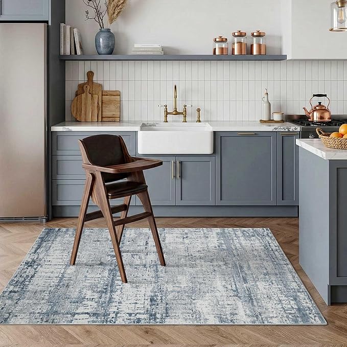 3x5 Washable Entryway Rug, Non Slip Boho Runner Rugs for Hallway, Entrance, Kitchen, Bathroom, Laundry Room, Soft Entryway Carpet, Throw Low Pile Retro Imitation Wool Carpet, Blue Grey