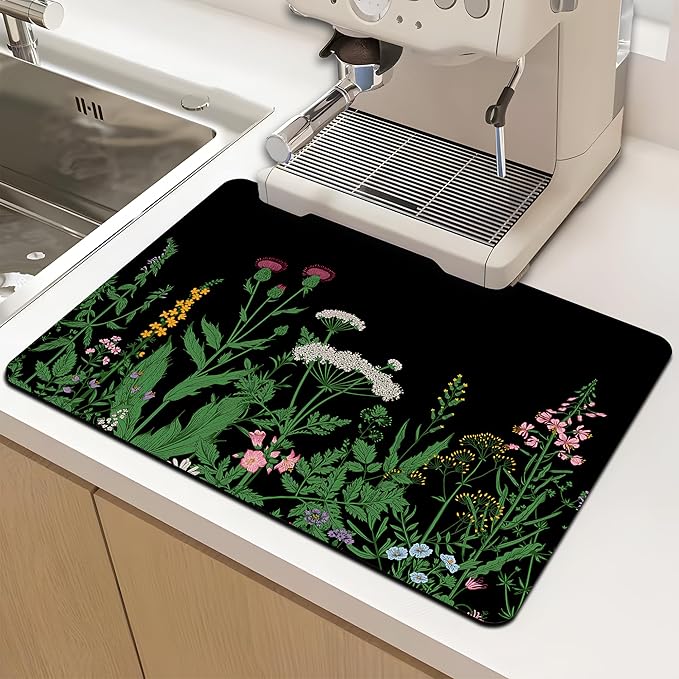 Dish Drying Mat for Multiple Usage. Super Absorbent, Easy clean, Quick dry, Cocina Accesorios for Kitchen Counter or Faucet Sink, Coffee bar, Refrigerator or Air fryer liners,2 Pack Flower