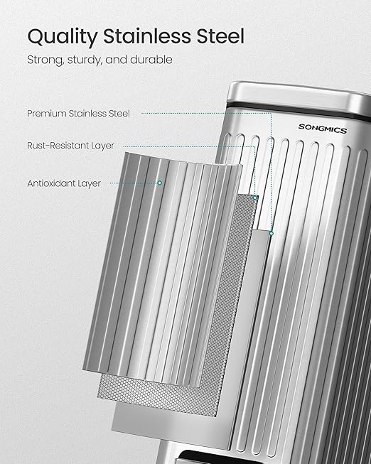 SONGMICS Bathroom Trash Can, 1.6-Gallon (6 L) Trash Bin with Lid, Slim for Small Spaces, Stainless Steel Garbage Can, Soft Close, Silver ULTB563E01