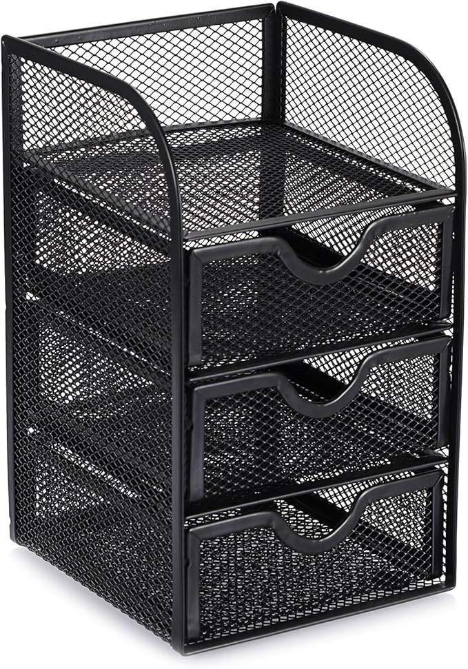 BTSKY Metal Mesh Battery Storage Organizer for AA, AAA, 9V, C Batteries, 3-Drawer Storage Box Battery Holder Organizer for Common Types Batteries, Household Container (Batteries Not Included)