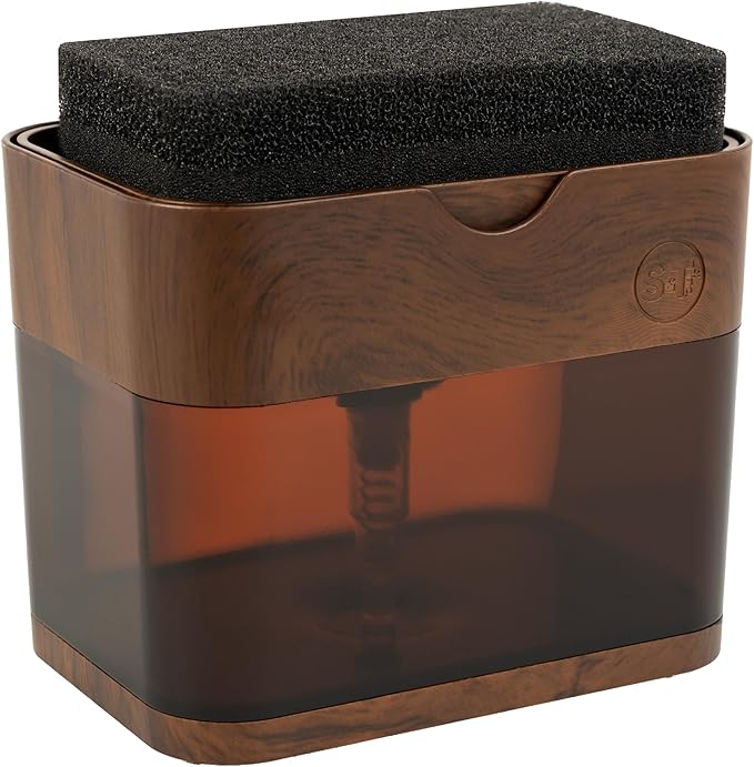 S&T INC. Dish Soap Dispenser and Sponge Holder for Kitchen Sink, Waterproof Labels and Sponge Included, 13 Ounces, Plastic, Walnut and Amber