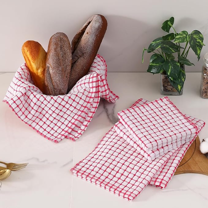 Homaxy Kitchen Towels and Dishcloths Set, 16 x 25 and 12 x 12 Inches, Set of 8 Cotton Terry Kitchen Dish Towels, Super Soft and Absorbent Dish Cloths, Red