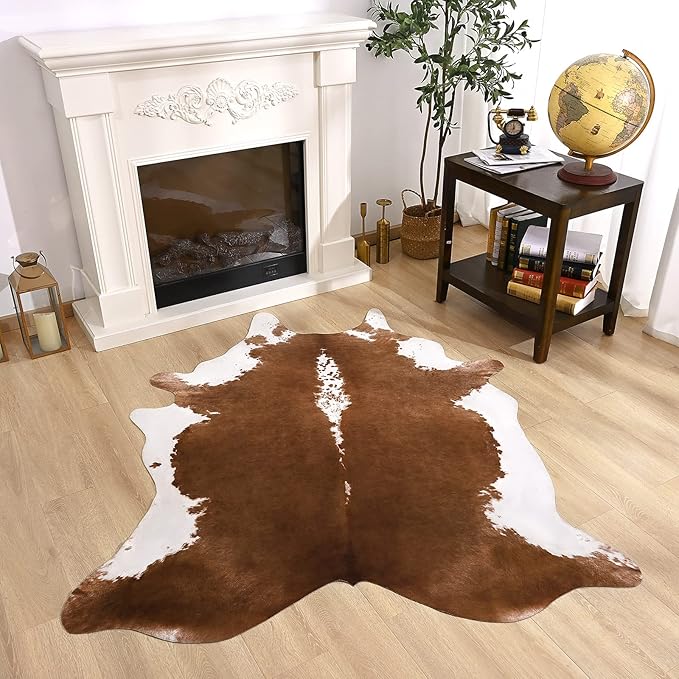 Amearea Faux Cow Hide Rug, Vintage Western Home Decor Cow Print Rugs for Living Room, Faux Leather Animal Cowhide Carpet for Bedroom, Dining Traditional Cow Print Stuff Carpets, Khaki 3.6x2.3 Feet