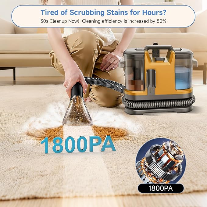 Portable Carpet & Upholstery Cleaner Machine, Handheld Spot Cleaner with Dual Brush, 18KPa Suction, Large Removable Tank for Couch, Car, Stairs, Rugs & Pet Stains, Yellow