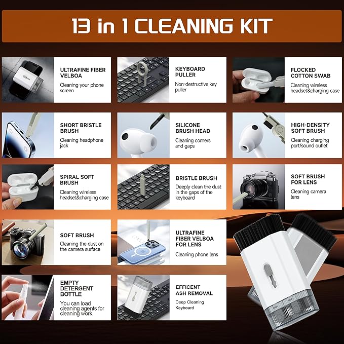 Keyboard Cleaning Kit-13-in-1 Multifunctional Cleaner Kit-Laptop Cleaner Compatible with iPad iPhone Pro Earbuds Airpod MacBook-Electronics Cleaning Brush Tool for Charging Port,Computer Screen