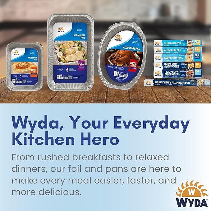 Wyda Heavy Duty Aluminum Foil – 150 Sq Ft (50 Yd x 12 In) |Strong Food-Grade with Built-In Cutter for Baking, Grilling, Cooking & Food Storage | Oven & Freezer Safe, Recyclable
