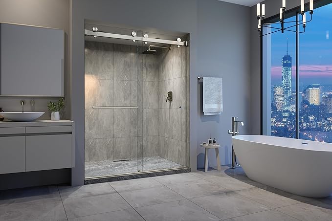 VITRA-200 56.5-59" W x 78" H Twinglide Frameless Shower Door w/ 3/8" Clear Tempered Glass (Brushed Nickel)