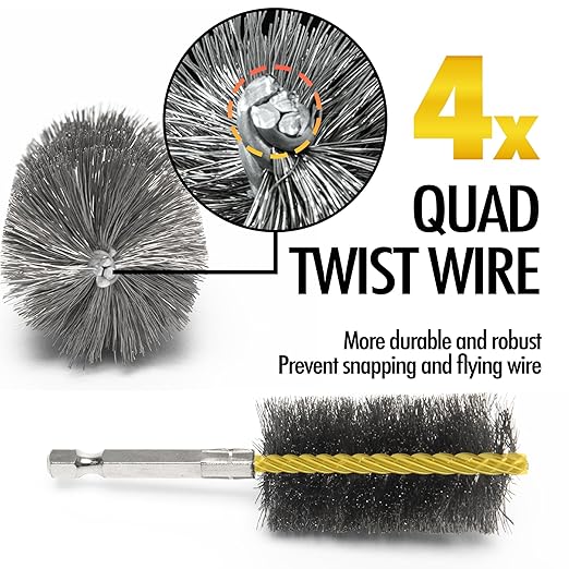 Quadruple Wire Twist Professional ID Copper Tube Pipe Cleaner for Fittings 6pcs, 1” Pipe Cleaning Brush Set, Stainless Steel Wire Bore Brushes for Power Drill, 1/4 Inch Hex Shank