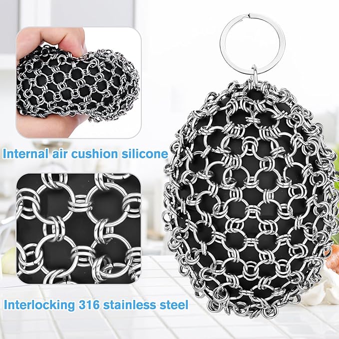 Cast Iron Scrubber & Scraper Set with Hook - Ergonomic 316 Chainmail Scrubber for Cast Iron Skillets, Dutch Oven, Baking Sheet, Crock Pot, Grills & More - Black Double Ring