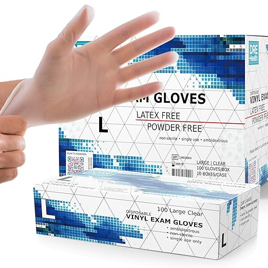 Powder Free Disposable Gloves Large, [1000 Count] - 4 Mil Clear Vinyl Gloves- Extra Strong, 4 Mil Thick - Latex Free, Food Safe, Medical Exam Gloves, Cleaning Gloves - 10 Boxes of 100