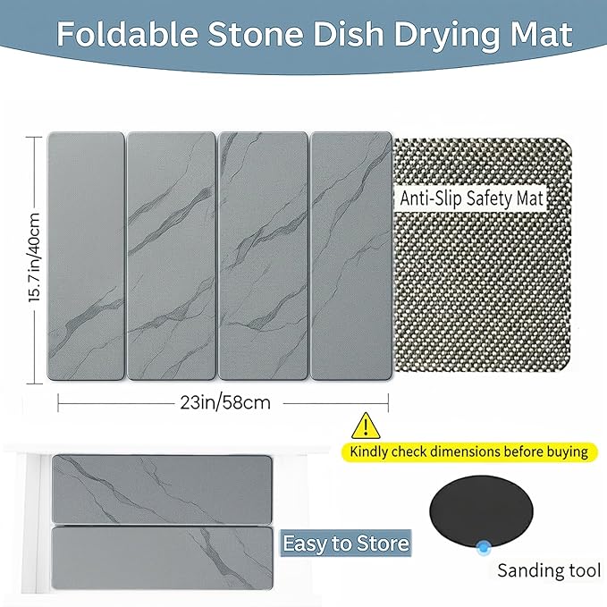 Large 4-Panel Stone Drying Mat for Kitchen Counter, 23"×16" – Fast Dry Diatomaceous Earth Dish Mat, Stable Hard Stone Pad for Dishes, Ice Maker & Air Fryer, Protects Premium Countertops
