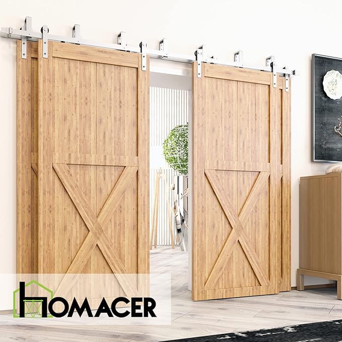 Homacer Brushed Nickel Double Track U-Shape Bypass Sliding Barn Door Hardware Kit, for Four Doors, 12ft Long Flat Track, Straight Design Roller